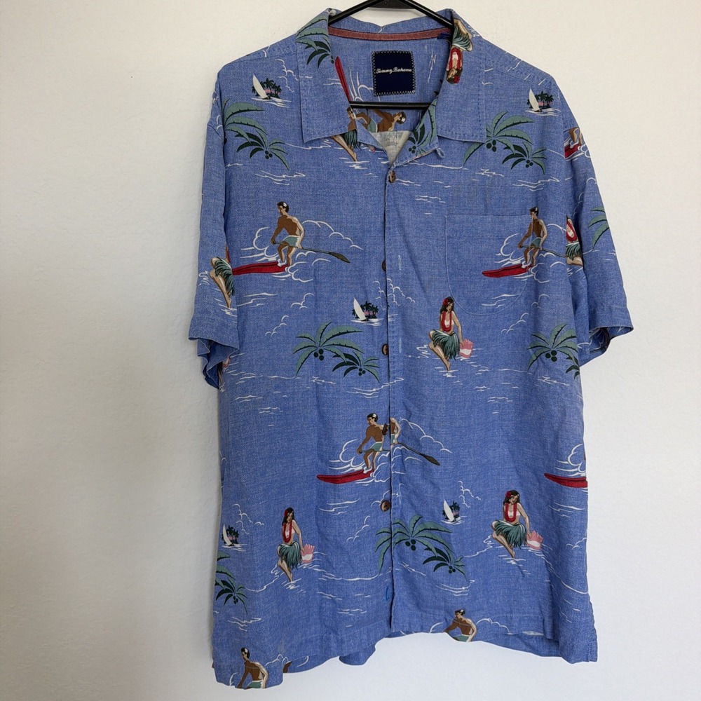 Tommy Bahama Camp Shirt Mens Medium Hula Girl Hawaiian Blue Silk Sz XL/TG